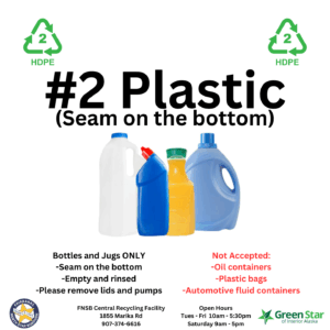 FNSB Central Recycling Facility - accepted material - #2 plastic (bottles and jugs only)